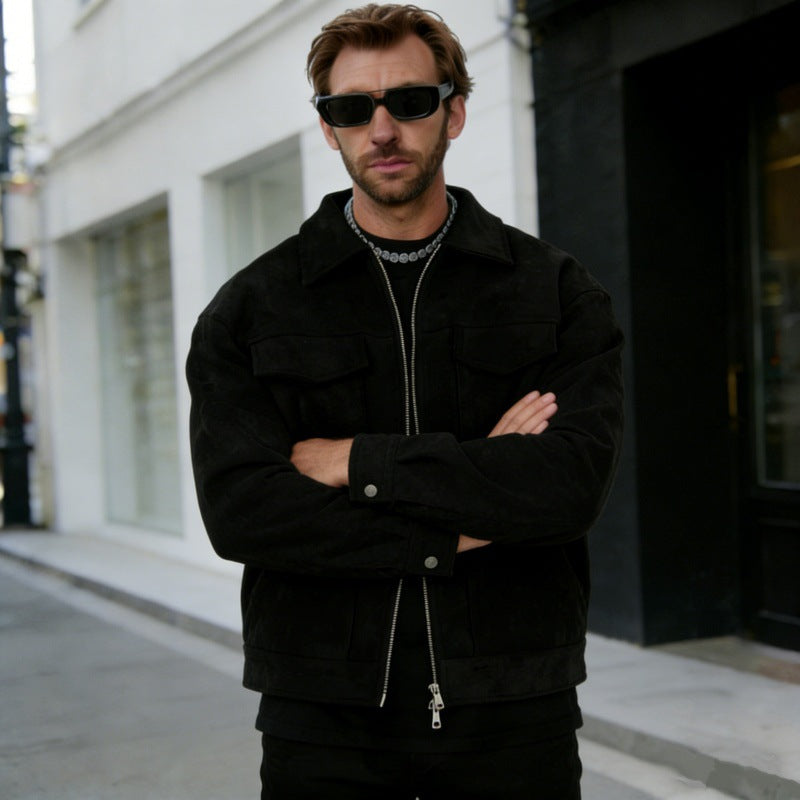 Mens Suede Lapel Zipper Jacket