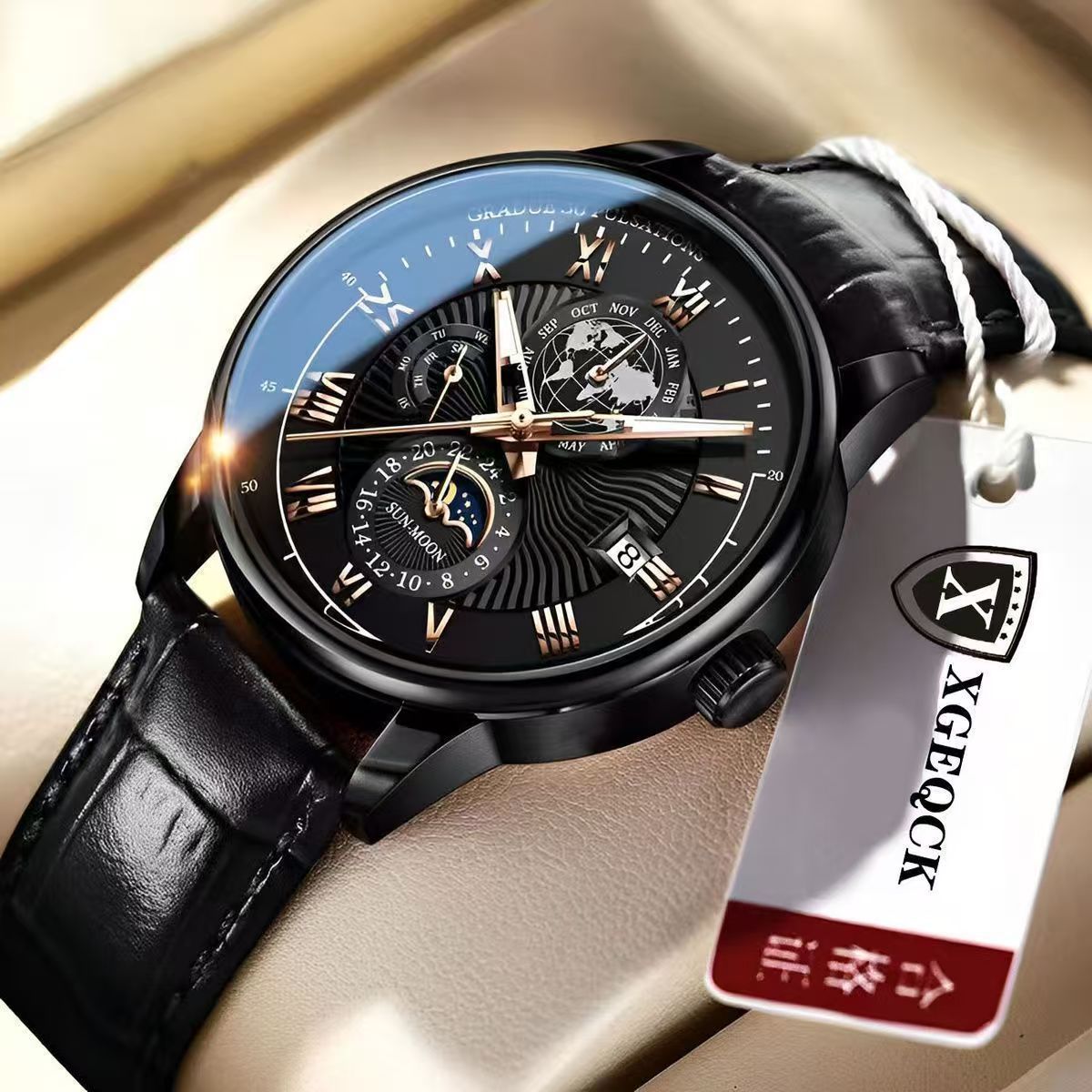 Mens Quartz Watch Moon Phase Waterproof Luminous Calendar