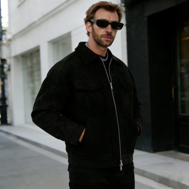 Mens Suede Lapel Zipper Jacket