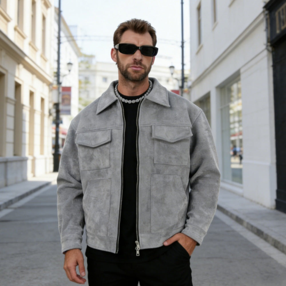 Mens Suede Lapel Zipper Jacket