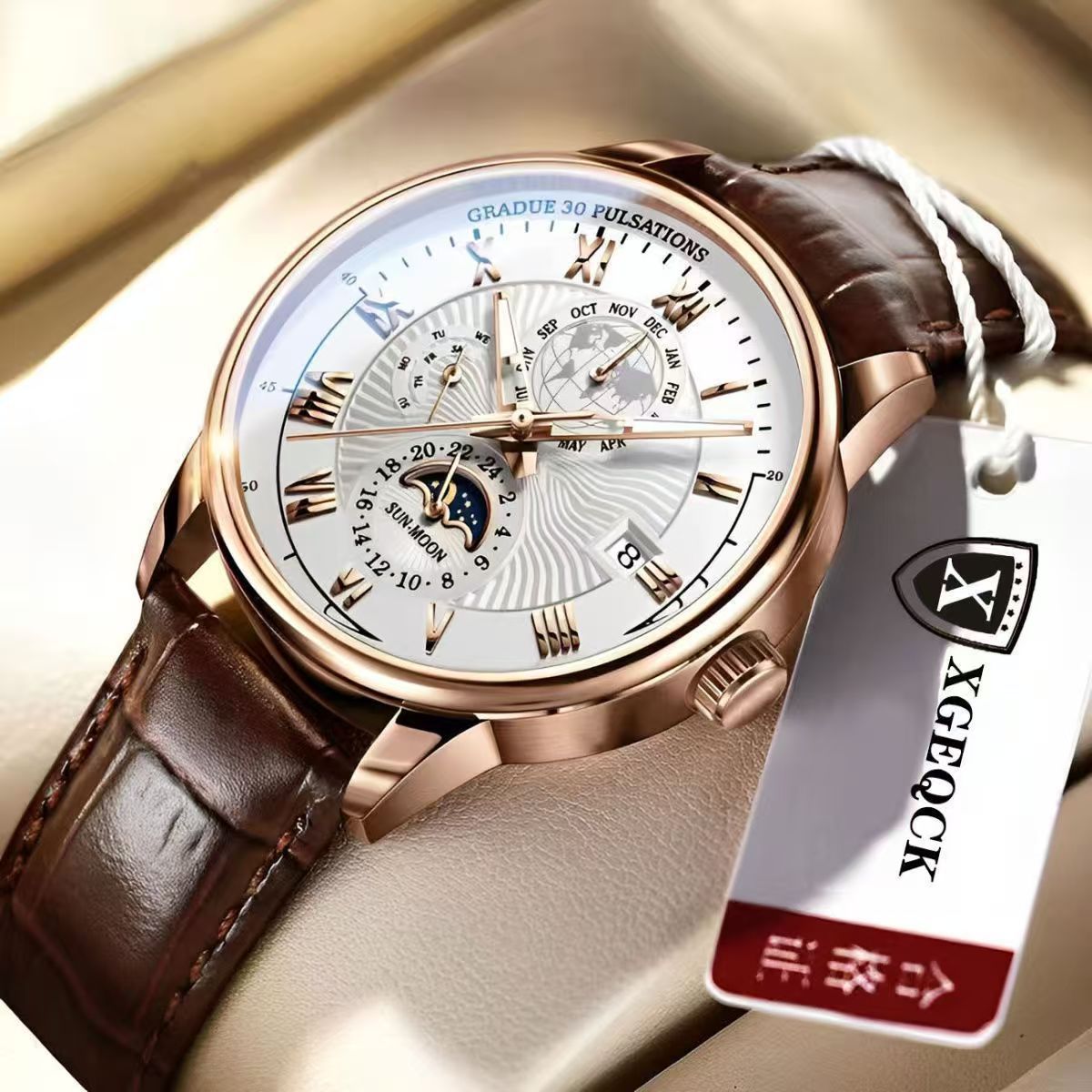 Mens Quartz Watch Moon Phase Waterproof Luminous Calendar