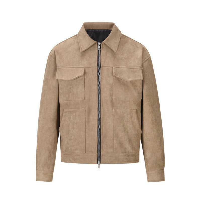 Mens Suede Lapel Zipper Jacket
