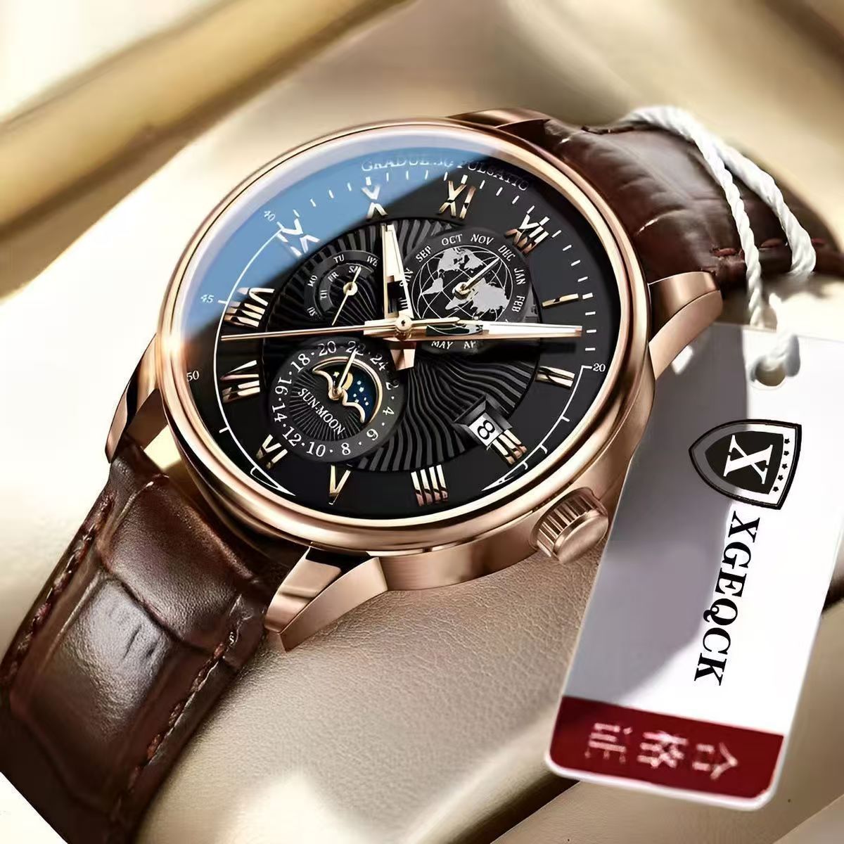 Mens Quartz Watch Moon Phase Waterproof Luminous Calendar