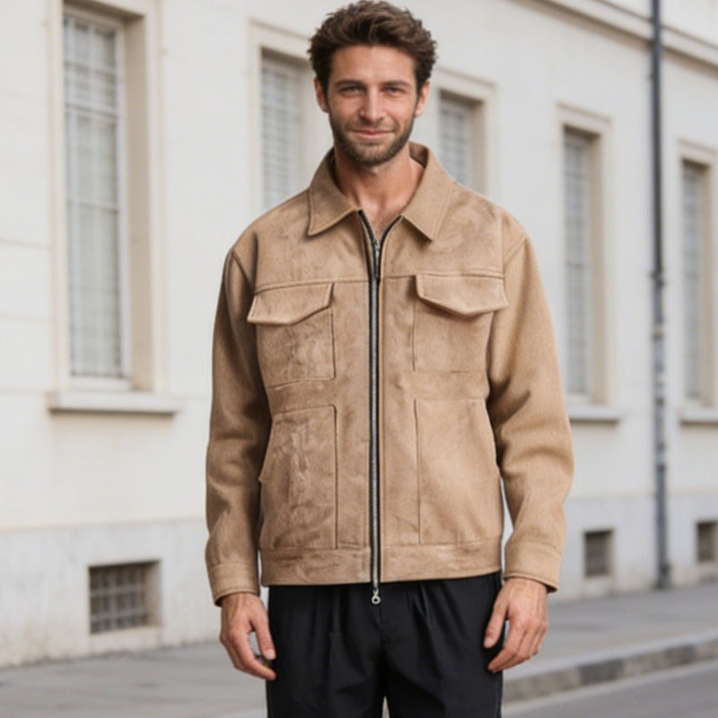 Mens Suede Lapel Zipper Jacket
